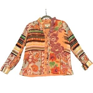 Norm Thompson Womens PS Petite Small Mixed Print Button Front Blouse Orange Boho